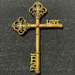 Cross of gold toned keys with “LOVE” and “FAITH” hanging wall decoration decor